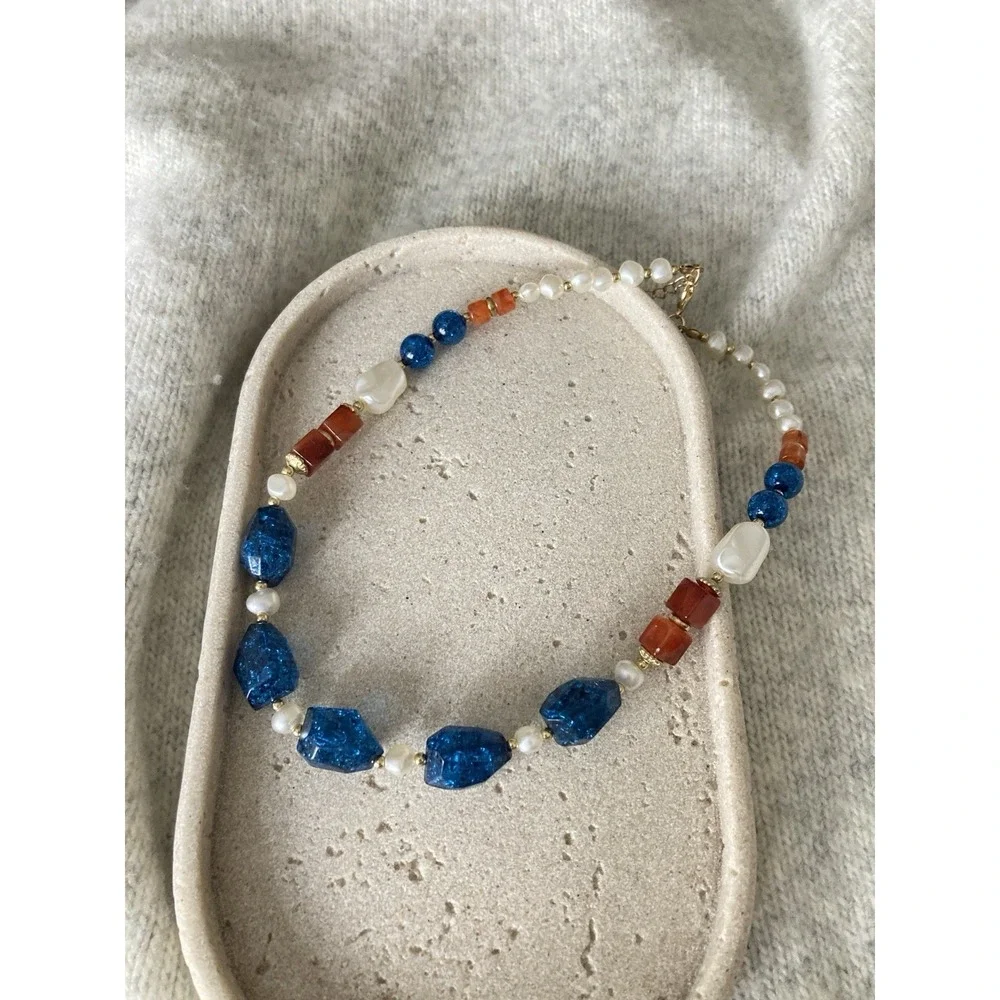 Beggars Beads Collar Necklace Blue Crackle Beads Faux Pearl Beaded Romantic Glam